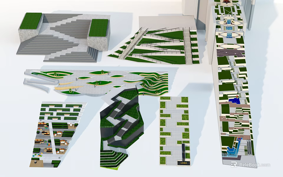 Modern Park Landscape Design with Geometric Green Spaces Steps Platforms and Paths 3d model 