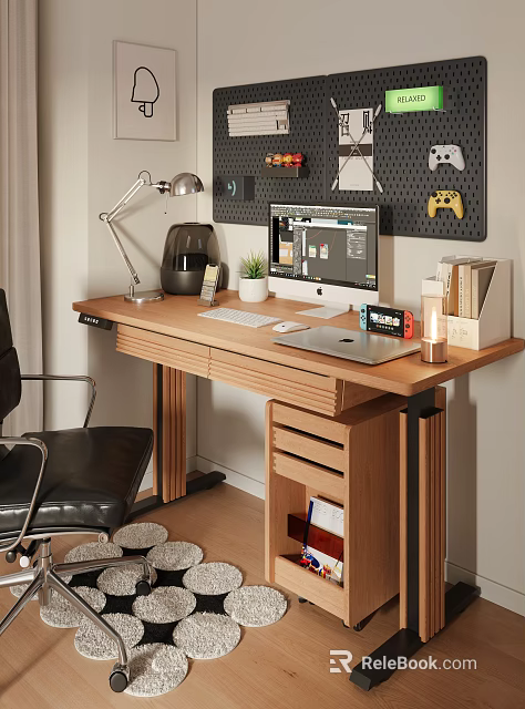 Wooden Desk with Desk Lamp Coffee Maker Small Plant Computer Keyboard Mouse Laptop and Pegboard 3d model 
