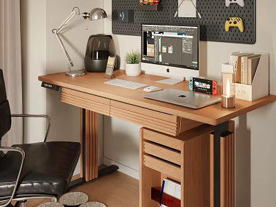 Wooden Desk with Desk Lamp Coffee Maker Small Plant Computer Keyboard Mouse Laptop and Pegboard 3d model
