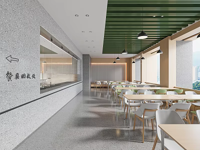 Modern Dining Hall Interior With Food Recycling Area And Seating 3d model
