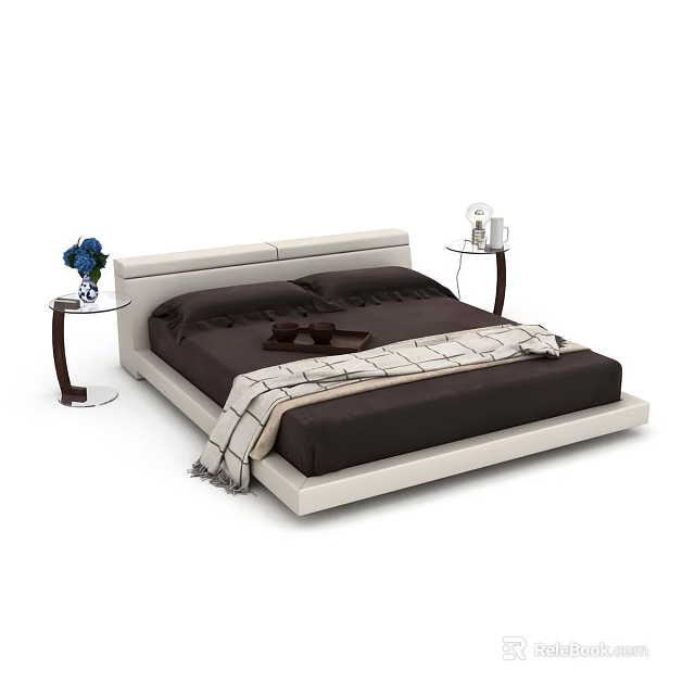 Modern Double Bed With White Headboard Bedside Tables Blue Flowers Dark Bedding And Blanket 3d model 