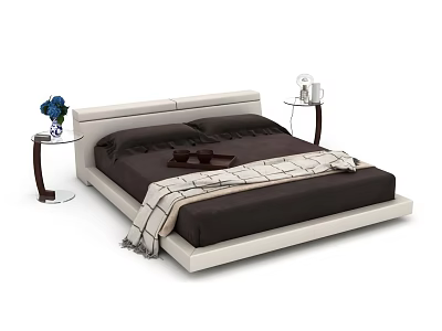 Modern Double Bed With White Headboard Bedside Tables Blue Flowers Dark Bedding And Blanket 3d model