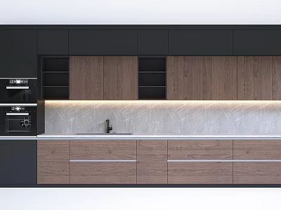 Modern Kitchen With Dark Wooden Cabinets Built in Oven And Countertop Lighting 3d model