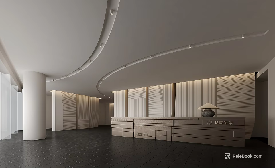 Modern Minimalist Reception Desk Design With Curved Ceiling Wooden Walls And Dark Flooring 3d model 