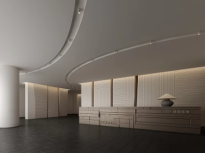 Modern Minimalist Reception Desk Design With Curved Ceiling Wooden Walls And Dark Flooring 3d model