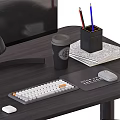 Modern Office Desk With Monitor Lamp Pen Holder Notebook Gray Chair And Side Cabinet