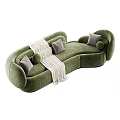 Curved Abstract shaped Sofa In Green And Beige With Soft Pillows And Throw Blanket