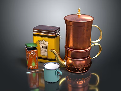 Copper Coffee Pot With Yellow Coffee Tin Orange Tea Packet And Blue Cup Kitchen Supplies 3d model