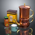 Copper Coffee Pot With Yellow Coffee Tin Orange Tea Packet And Blue Cup Kitchen Supplies