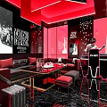 Red Black Themed KTV Interior With Modern Sofa And Lighting Decor