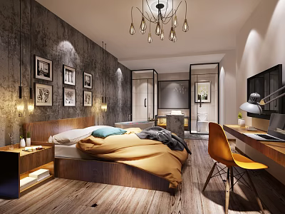 Modern Hotel Room With Wooden Bed Yellow Bedding Chandelier Framed Photos Desk And Yellow Chair 3d model