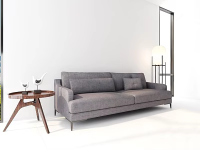 Gray Two Seater Sofa In Modern Living Room With Wooden Side Table And Floor Lamp 3d model