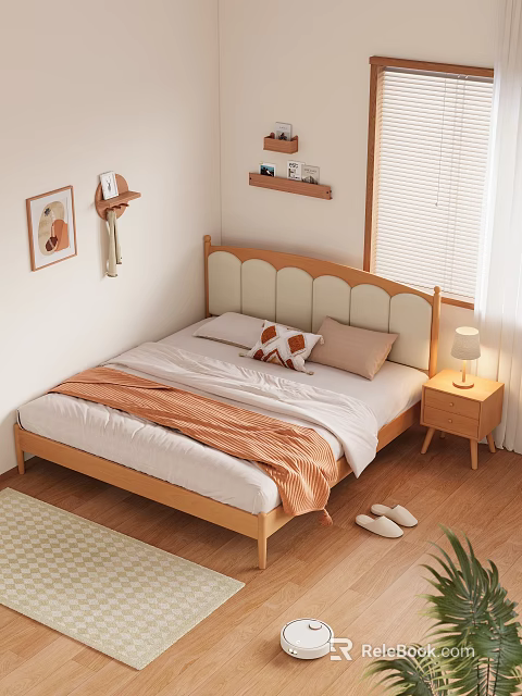 Cozy Wooden Double Bed with Scalloped Headboard Orange Blanket Pillows Nightstand Lamp Wall Art Floating Shelves 3d model 