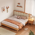 Cozy Wooden Double Bed with Scalloped Headboard Orange Blanket Pillows Nightstand Lamp Wall Art Floating Shelves