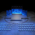 Tech Inspired Stage Setup With Blue Screens Lighting And Arranged Chairs Design 3d model