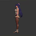 3D Character Model With Purple Hair Decorative Outfit Extended Arms And Colorful Accessories