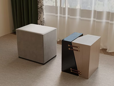 Modern Cube Shaped Stools With Gray Upholstery Black Wood And Metal Handles 3d model