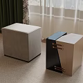 Modern Cube Shaped Stools With Gray Upholstery Black Wood And Metal Handles