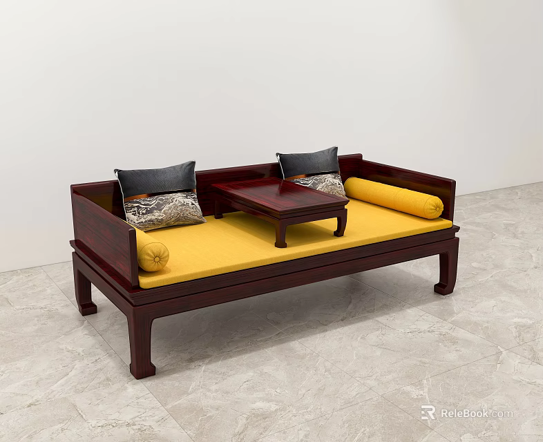 Traditional Chinese Wooden Daybed With Yellow Cushion Black Patterned Pillows And Small Coffee Table 3d model 