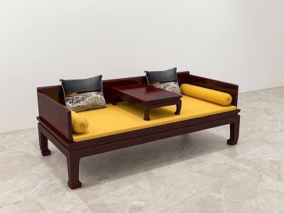 Traditional Chinese Wooden Daybed With Yellow Cushion Black Patterned Pillows And Small Coffee Table 3d model