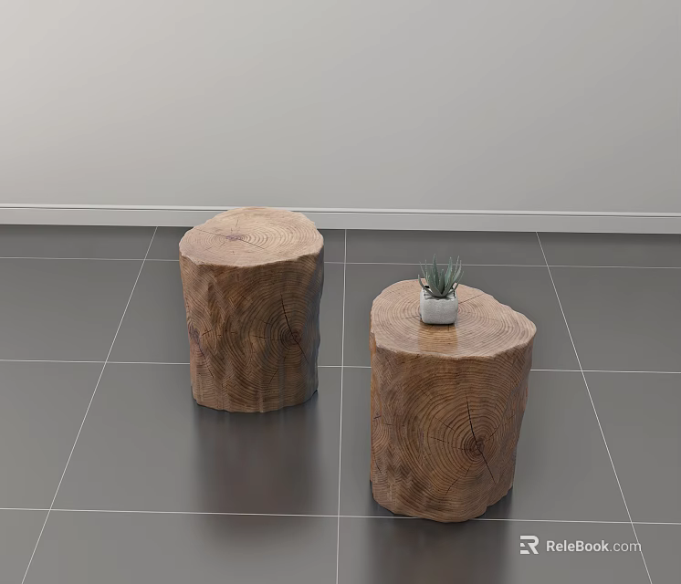 Two Tree Stump Stools With Small Potted Plant On Gray Tiled Floor 3d model