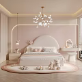 Cozy Kids Bedroom With Pink Walls Rounded Headboard Bed Stuffed Toys Soft Rug And Chandelier