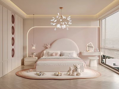 Cozy Kids Bedroom With Pink Walls Rounded Headboard Bed Stuffed Toys Soft Rug And Chandelier 3d model