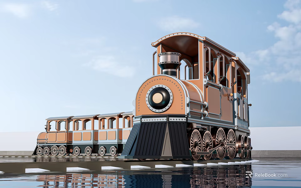 Vintage Steam Train With Orange Brown Carriages Large Wheels And Water Reflection Under Blue Sky 3d model 