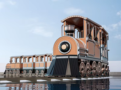 Vintage Steam Train With Orange Brown Carriages Large Wheels And Water Reflection Under Blue Sky 3d model