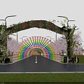 Road Infrastructure With Tree Shaped Archway Rainbow Colored Tunnel Cherry Blossom Trees And Street Lamps