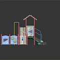 Playground Equipment Featuring Green Slide Wooden Climbing Structure Red Yellow Frames And Platform Steps