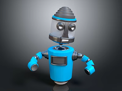 Blue Body Gray Head Robot Character With Mechanical Arms And Round Eyes 3d model