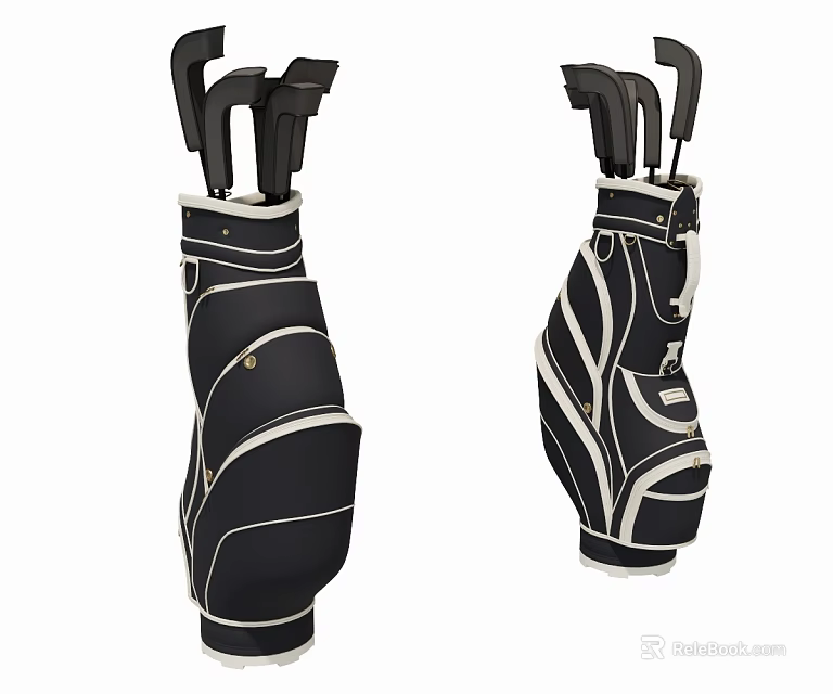 Stylish Black Golf Bag With White Stripe Accents And Golf Clubs For Sports Equipment 3d model 