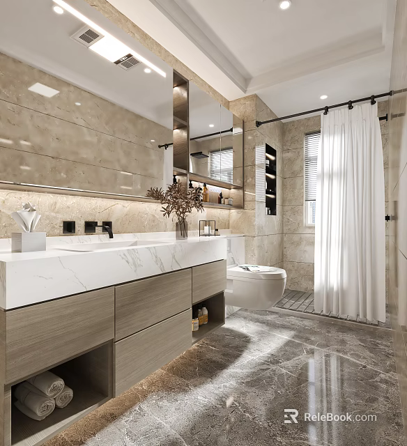 Modern Bathroom Interior With Marble Walls Large Mirror Vanity Wooden Drawers Toilet And Shower Area 3d model 