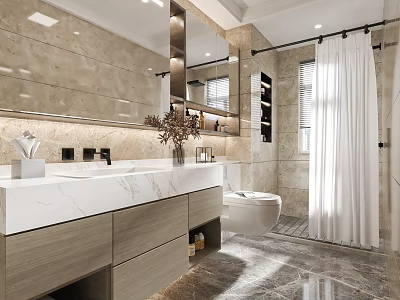 Modern Bathroom Interior With Marble Walls Large Mirror Vanity Wooden Drawers Toilet And Shower Area 3d model