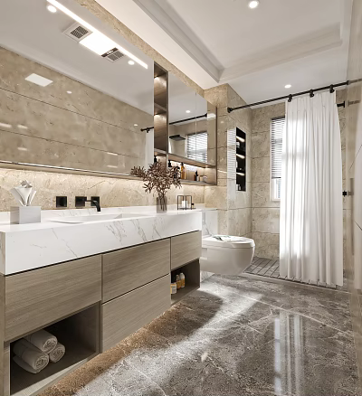 Modern Bathroom Interior With Marble Walls Large Mirror Vanity Wooden Drawers Toilet And Shower Area 3d model