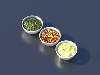 Three White Bowls Filled with Colorful Sauces Green Herb Red Chili and Creamy Yellow 3d model