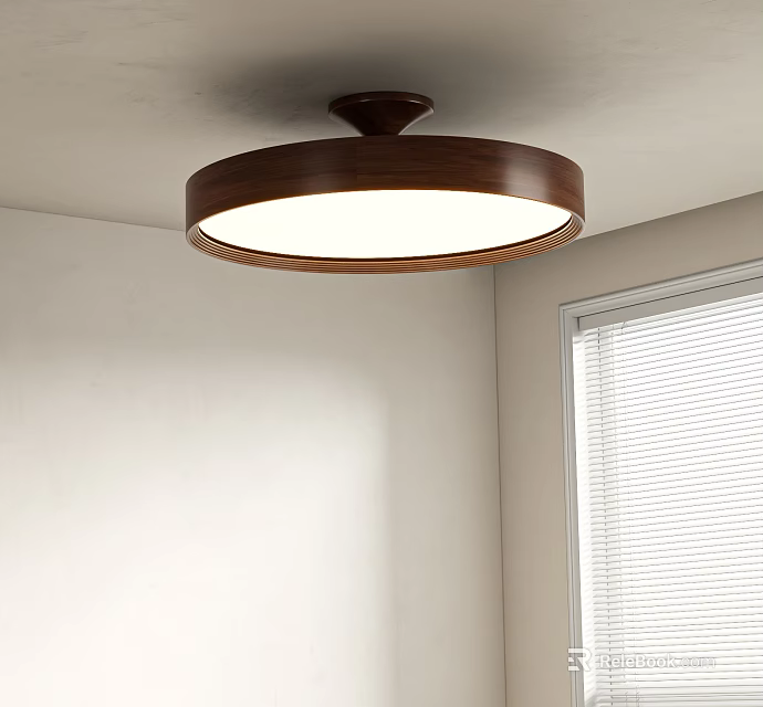 Round Wooden Frame Ceiling Light With White Surface For Modern Room With Window Blinds 3d model