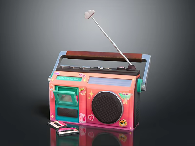 Vintage Portable Radio Cassette Player With Colorful Design Antenna And Cassette Tapes 3d model