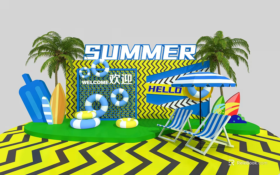 Summer Photo Spot With Palm Trees Surfboards Pool Rings Deck Chairs And Yellow Black Zigzag 3d model 