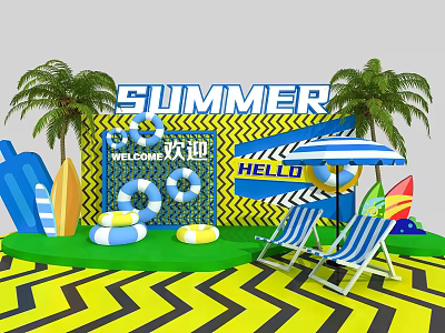 Summer Photo Spot With Palm Trees Surfboards Pool Rings Deck Chairs And Yellow Black Zigzag 3d model