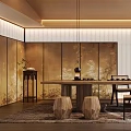 Traditional Japanese Tea Room Interior With Wooden Table Stools Tea Set And Shoji Screens