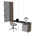 Modern Wooden Desk With Laptop White Table Lamp And Grey Office Chair