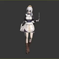 White Haired Game Anime Character with Yellow Headdress Apron Brown Boots holding Knife and Scroll