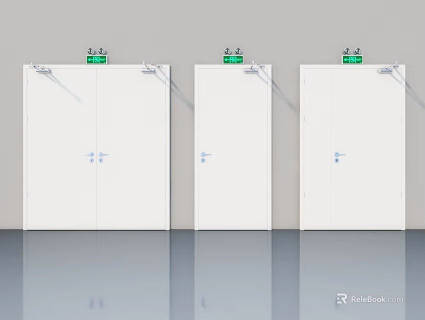 Three White Swing Doors For Fire Safety With Emergency Exit Indicators 3d model