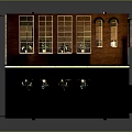 Cozy Café Interior With Brick Walls Large Windows Wooden Tables Black Chairs And Potted Plants
