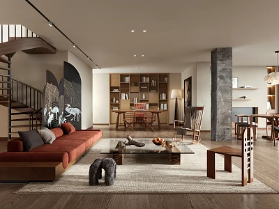 Loft Living Room With Sofa Coffee Table Staircase And Bookshelf 3d model