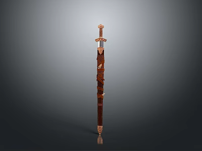 Decorative Vintage Sword With Wooden Scabbard Ornate Metal Hilt And Carved Details 3d model