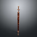 Decorative Vintage Sword With Wooden Scabbard Ornate Metal Hilt And Carved Details