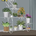 Indoor White Multi Tiered Plant Stand with Vase and Various Flowers Succulents on Blue Wall